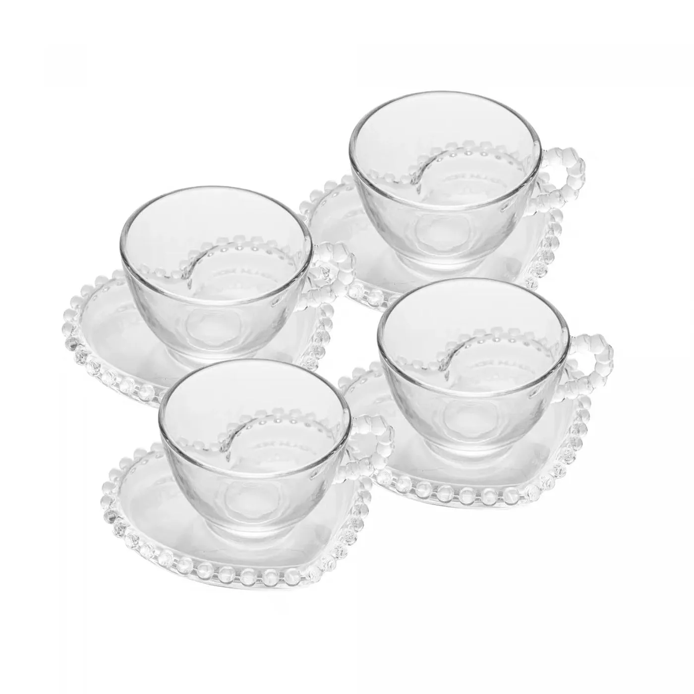 Crystal Tea Cups with Heart Saucers, Set of 4, 180 ml