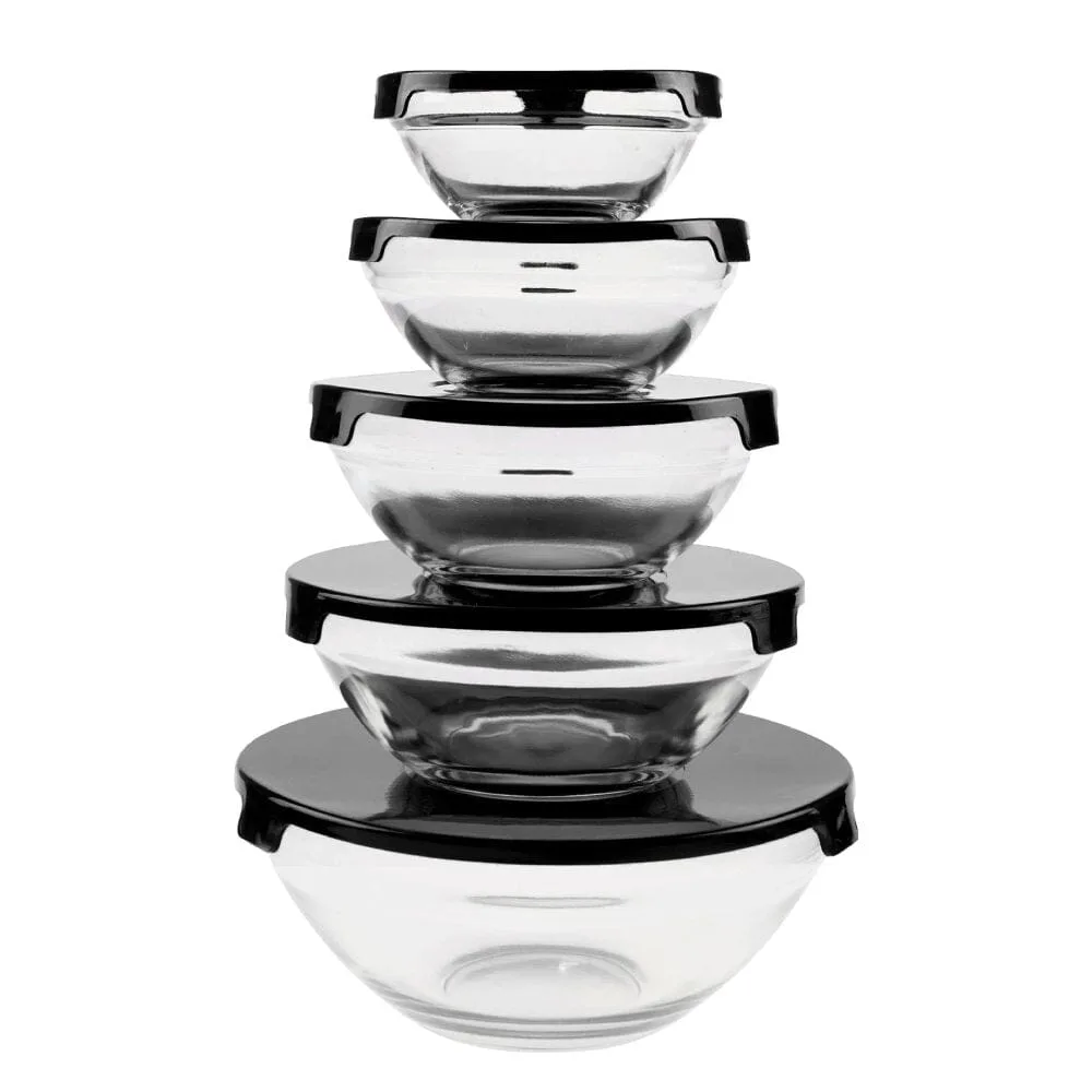 Glass Storage Containers with Black Lids, Set of 5