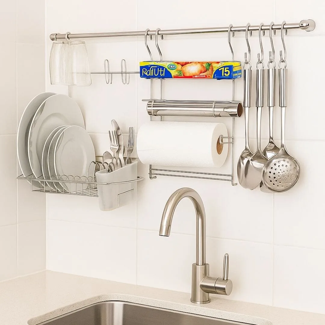 Wall-Mounted Dish Rack and Utensil Organizer