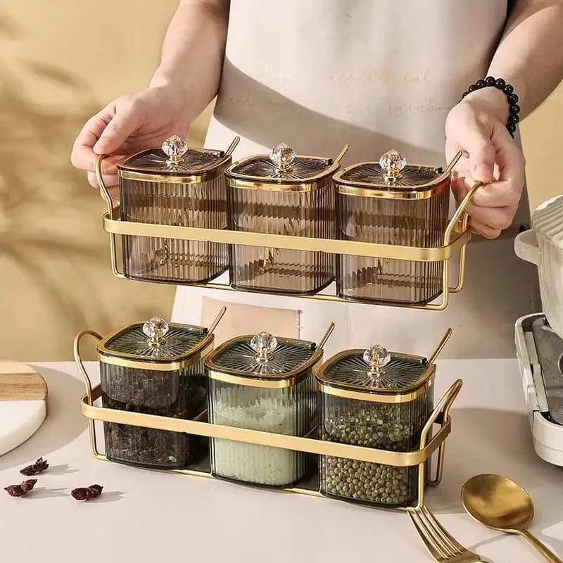 Spice Jars with Gold-Tone Stand