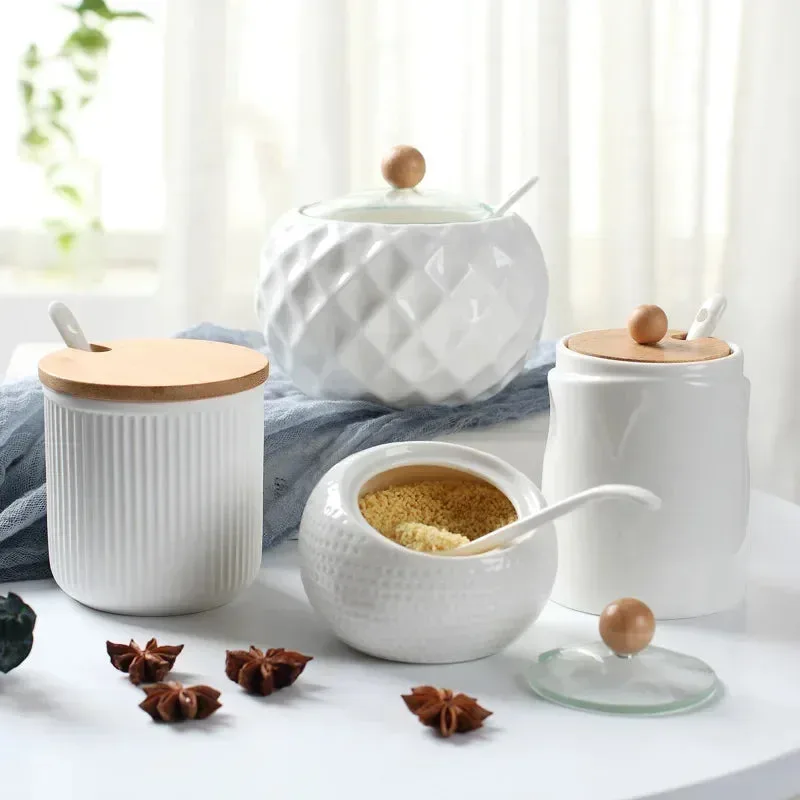 White Ceramic Spice Jar with Spoon