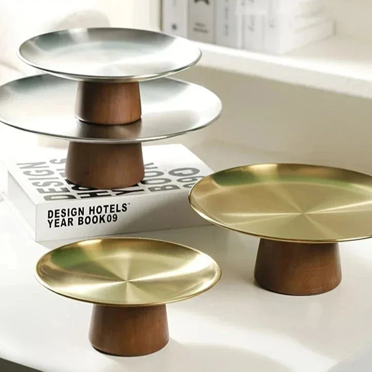 Stainless Steel Cake Stand with Wood Base