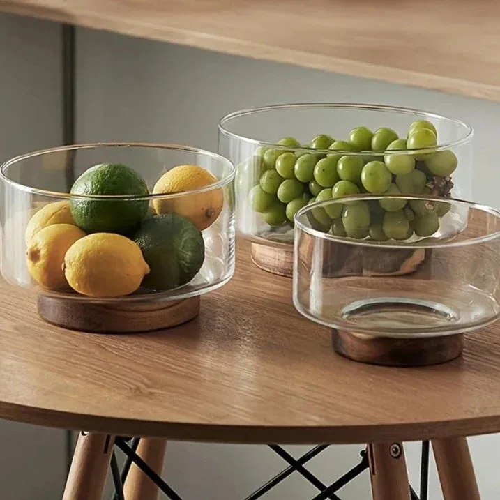 Glass Serving Bowl With Wooden Base