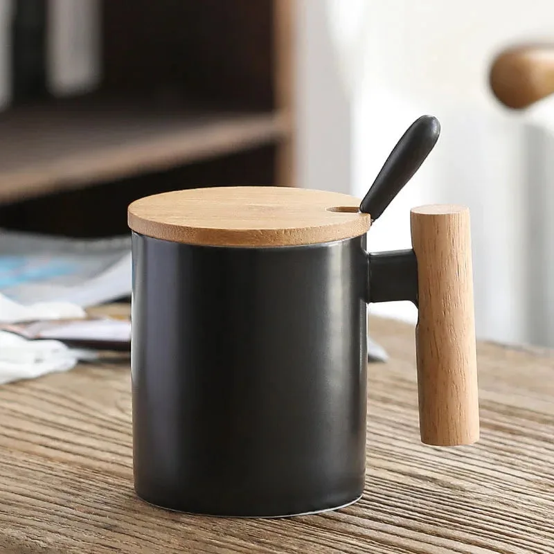 Ceramic Mug with Wooden Lid and Spoon
