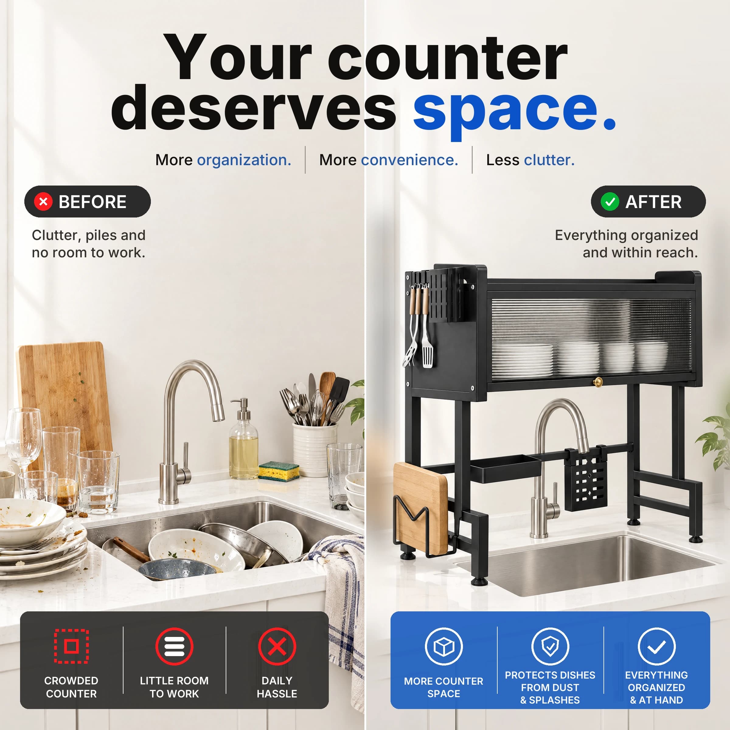 Before and after: the counter cleared by the over-sink cabinet