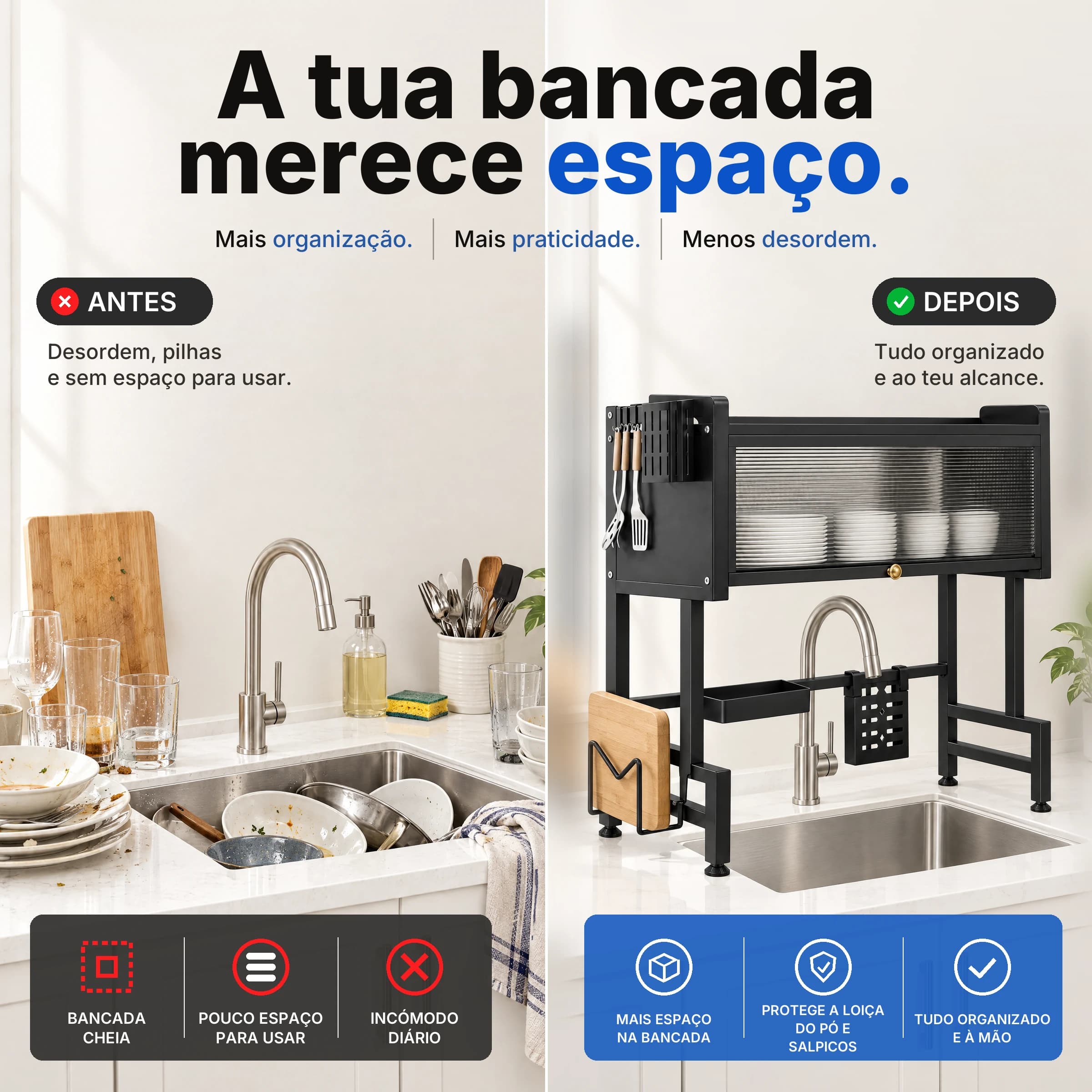 Antes e depois: a bancada liberta pelo armário sobre a pia